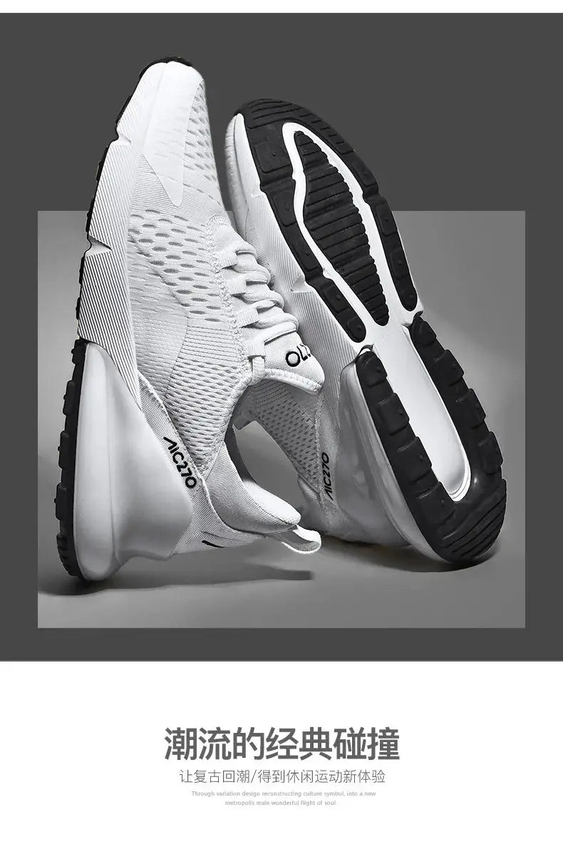 Men's white mesh sneakers with black outsole; breathable platform running shoes