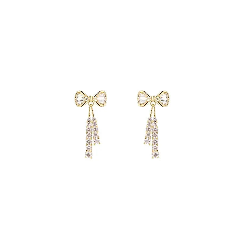 Korean Niche Design Full Diamond Bow Tie Tassel Earrings Elegant Sparkle Temperament Jewelry