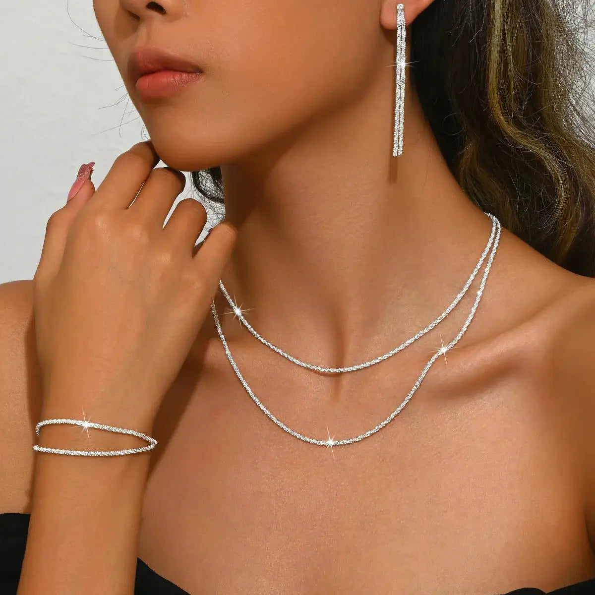 Silver Plated Collarbone Chain Necklace And Bracelet Set Minimalist Starry Sky Jewelry For Women