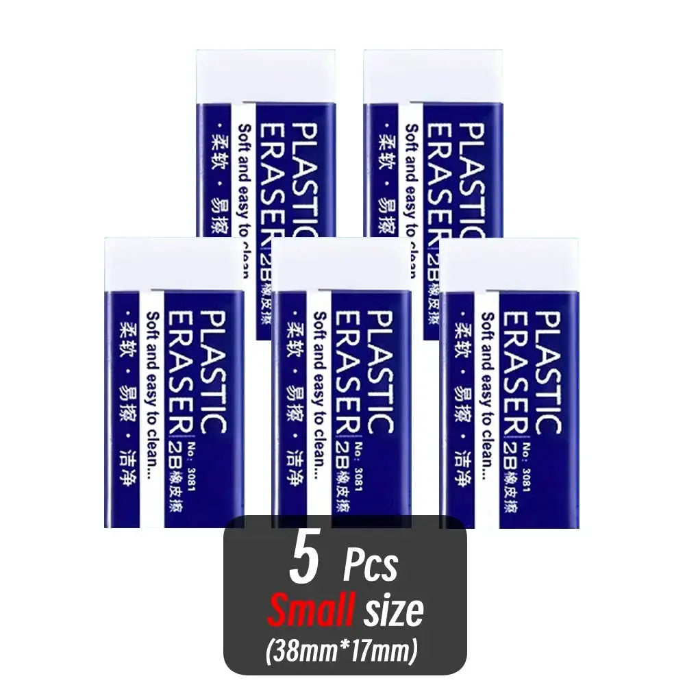 Plastic erasers, 5-pack small size (38mm × 17mm) with blue wrappers for students