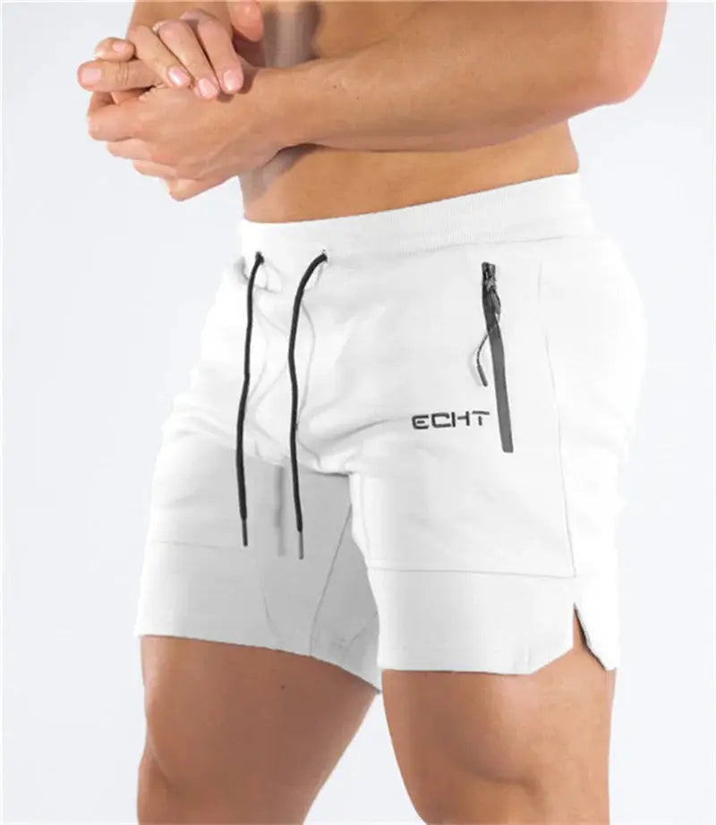 Men's white gym shorts with zip pockets, drawstring waist, side zipper, ECHT logo