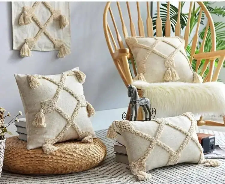 Boho linen cushion covers; beige tassel design, 3-pack by Simples Market for living room or bedroom decor.