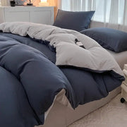 Simples Market 4-piece brush-fabric bedding set in navy and light gray, includes duvet cover, pillowcases, and sheet