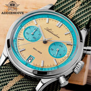 ADDIESDIVE men's chronograph watch with stainless steel case, beige dial, turquoise bezel, blue subdials