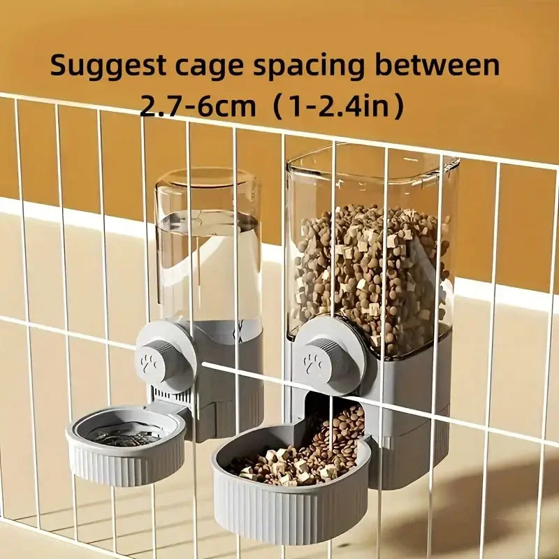 Simples Market hanging automatic pet feeder and water dispenser set; 2 clear gravity containers with gray bowls for cage
