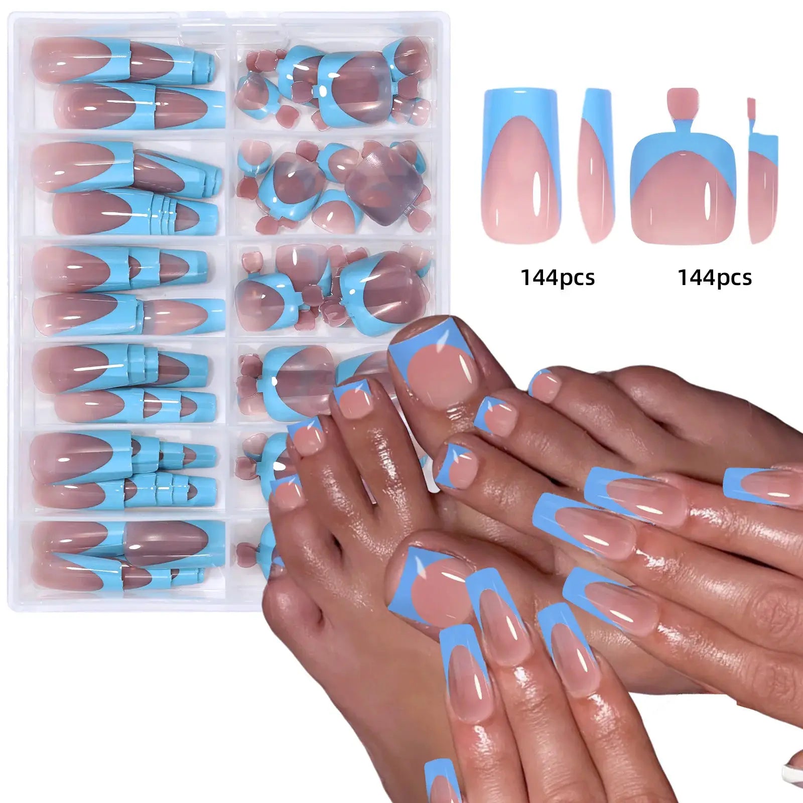 144 Pcs French Manicure Nail Set For Hands And Feet Summer Short Square Shiny Acrylic Full Coverage