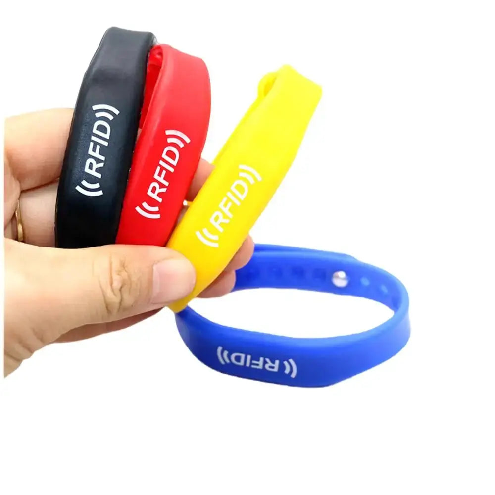 4-pack RFID silicone wristbands in black, red, yellow and blue