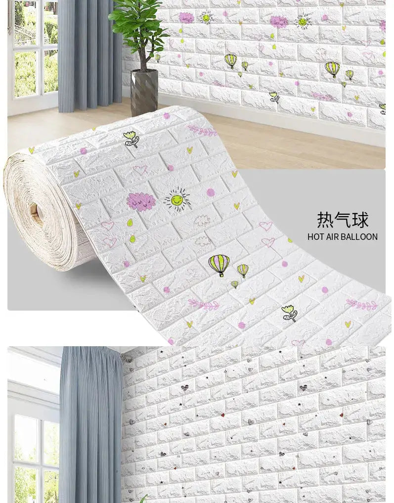 3D foam brick wall panel wallpaper roll; white bricks with pastel doodles, self-adhesive and waterproof