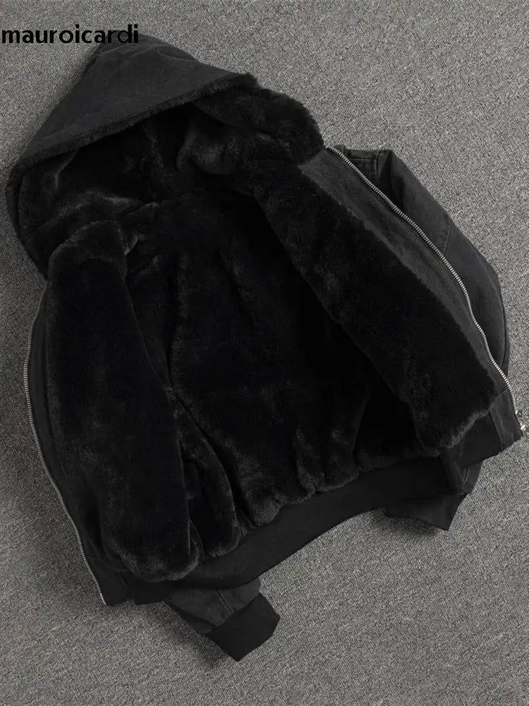 Mauroicardi padded black canvas jacket with faux fur interior, oversized, zip front