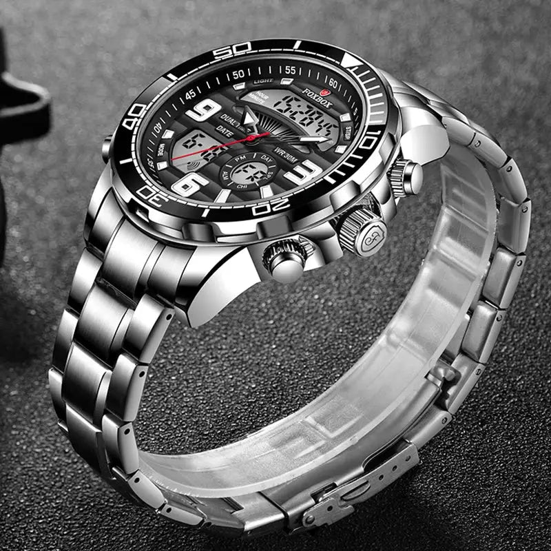 FOXBOX stainless steel men's sport watch with analog-digital dial and metal bracelet