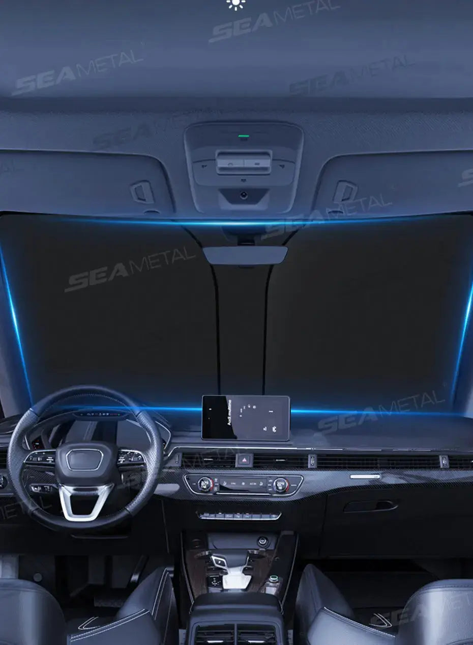 BLALION Car Windshield Sun Shade by Simples Market; foldable UV-blocking black visor shield.