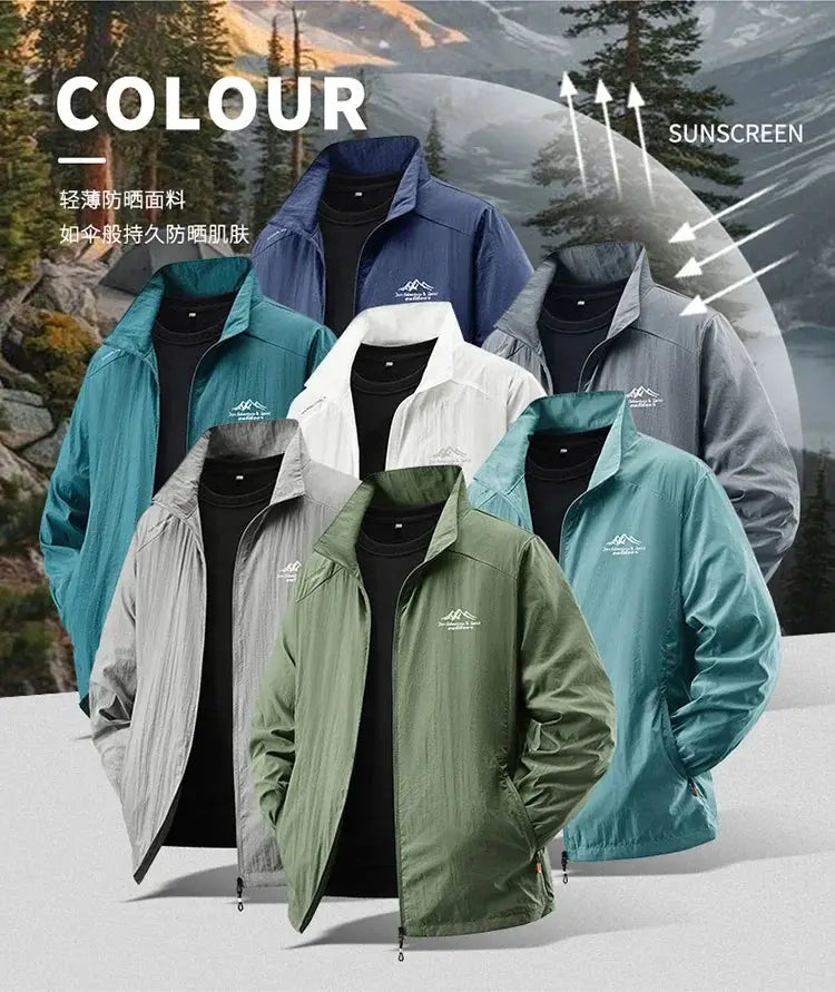 Men's Summer Sun Protection Jacket by Simples Market, ultra-light breathable ice silk UV-proof, set of 9 color variants.