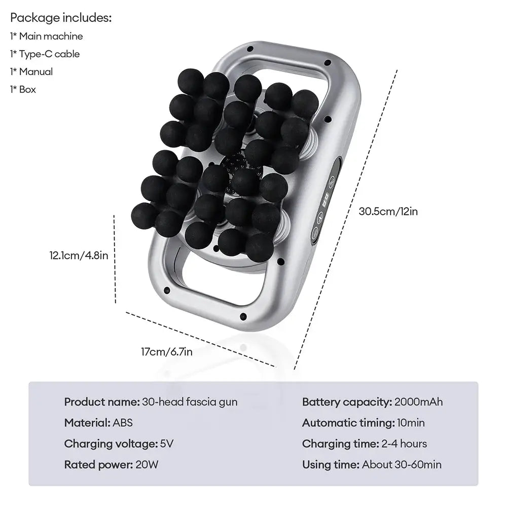 Simples Market 30-head fascia gun with a silver body and 30 black massage heads for full-body massage.