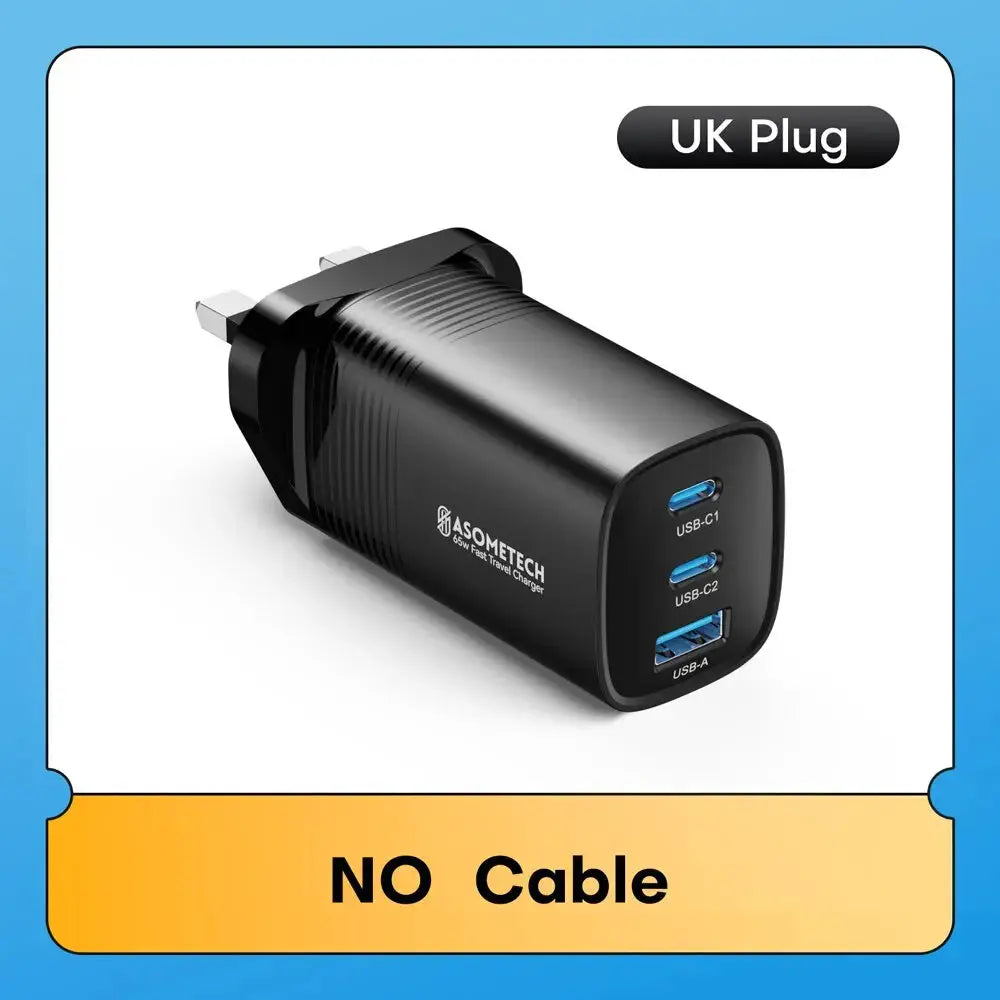 ASOMETECH GaN USB-C charger with UK plug, 65W 3-port: USB-C1, USB-C2, USB-A, no cable