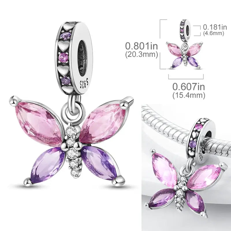 925 Sterling Silver Charms Bead Pink Butterfly Luminous Firefly Dangle Fit Bangle Bracelet Necklace DIY Jewelry