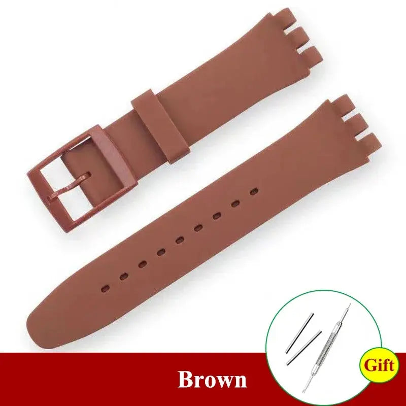 Brown silicone watch strap for Swatch, 16–20mm sizes, with buckle; sport replacement bracelet