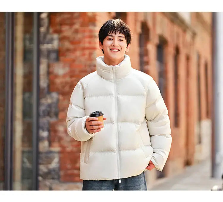 Cream short puffer down jacket for men, warm winter coat.