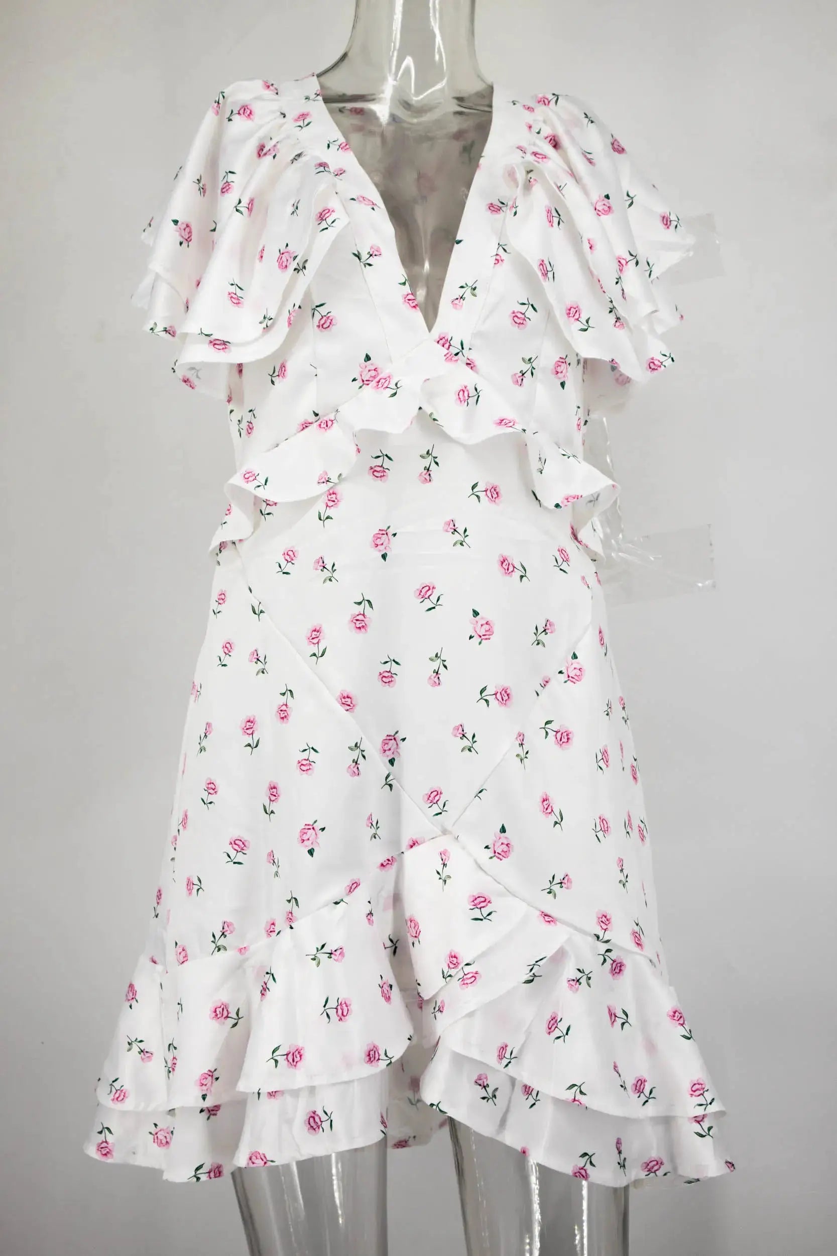 Women's 2026 Spring Summer Ruffled Floral Short Skirt Dress V Neck