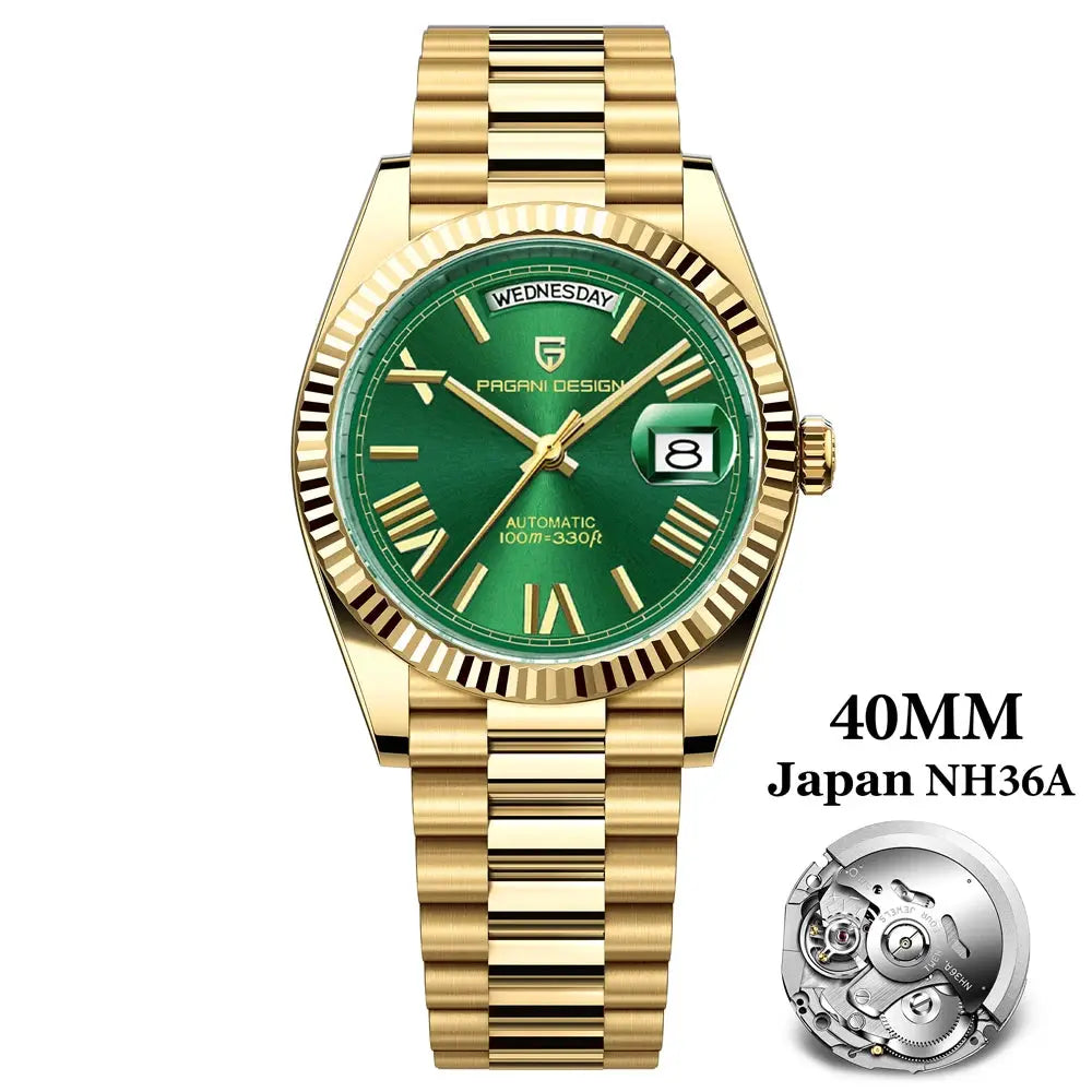 Pagani Design 40mm gold-tone automatic men's watch with green dial, date window, NH36A movement.