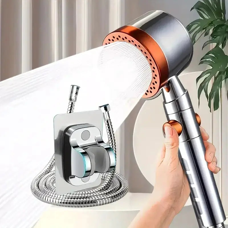 Handheld shower head with chrome body and orange ring; 5 modes, high‑pressure water saver with wall mount and hose