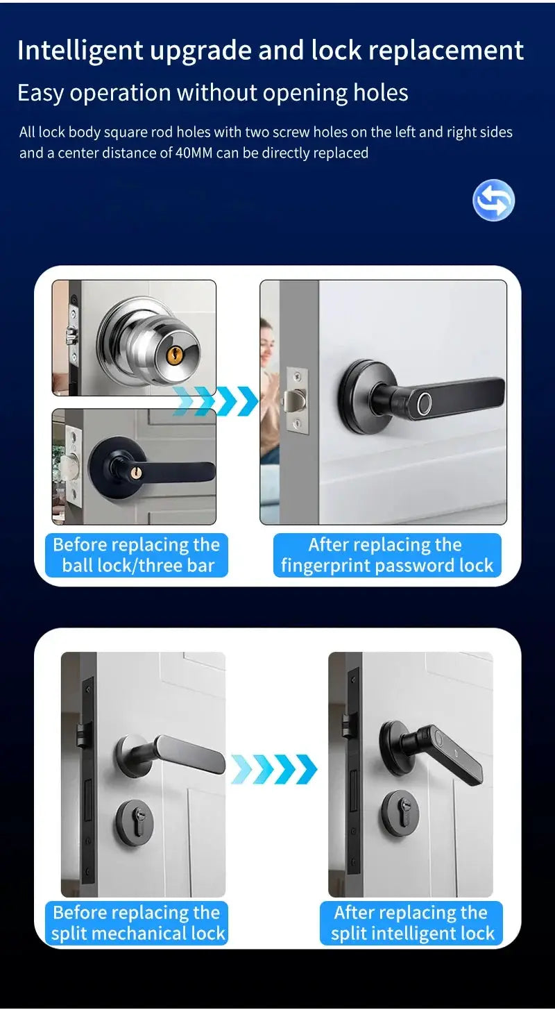 Simples Market Tuya Bluetooth smart fingerprint door lock with password, mechanical key and NFC for door handles IP65