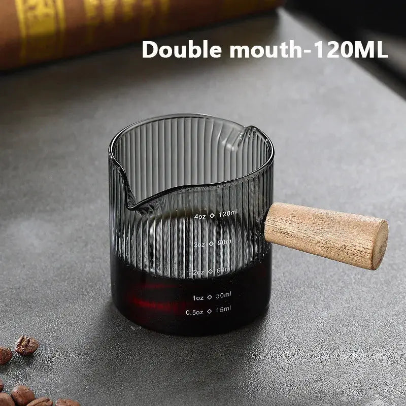 Wooden Handle Measuring Cup With Single And Double Spouts Italian Glass 90ml 120ml 180ml Coffee Milk Cup