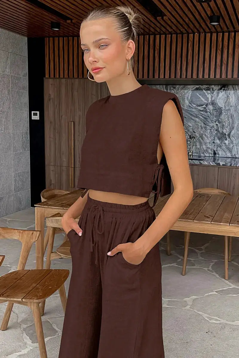 Linen Two Piece Pant Set With Crop Top For Women Spring Summer 2025