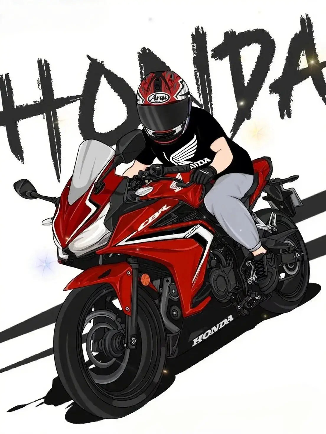 Cycling sweatpants in gray worn by rider on a red Honda motorcycle; Honda logo visible