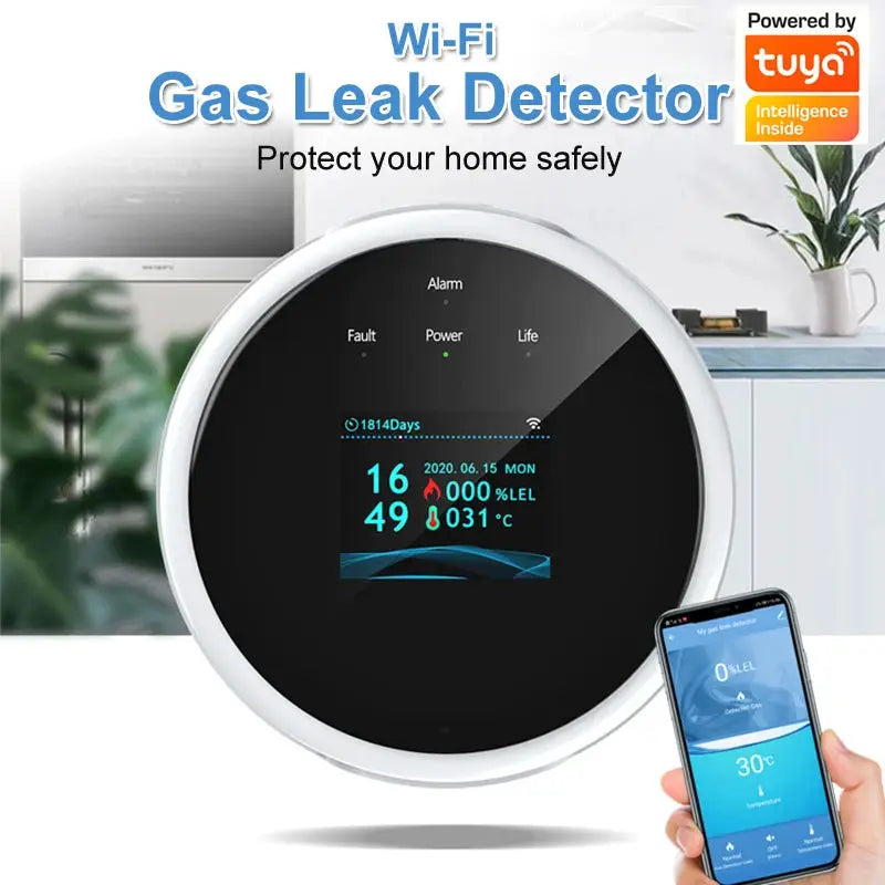 Gas leak detector device, round black unit with LED display, Tuya Wi-Fi powered, Simples Market