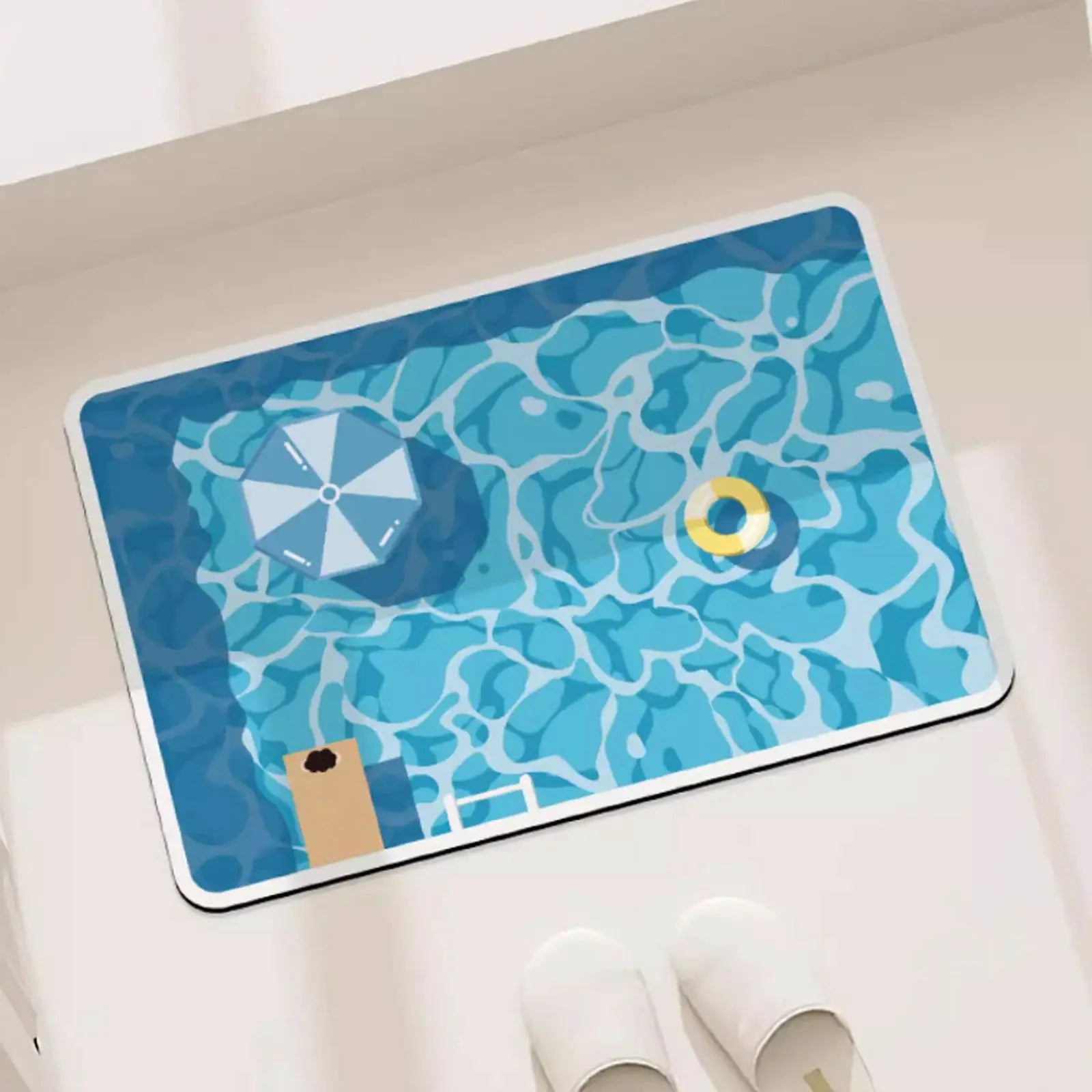 Rubber bathroom anti-slip floor mat with blue cartoon pool print; water-absorbing and quick-drying.