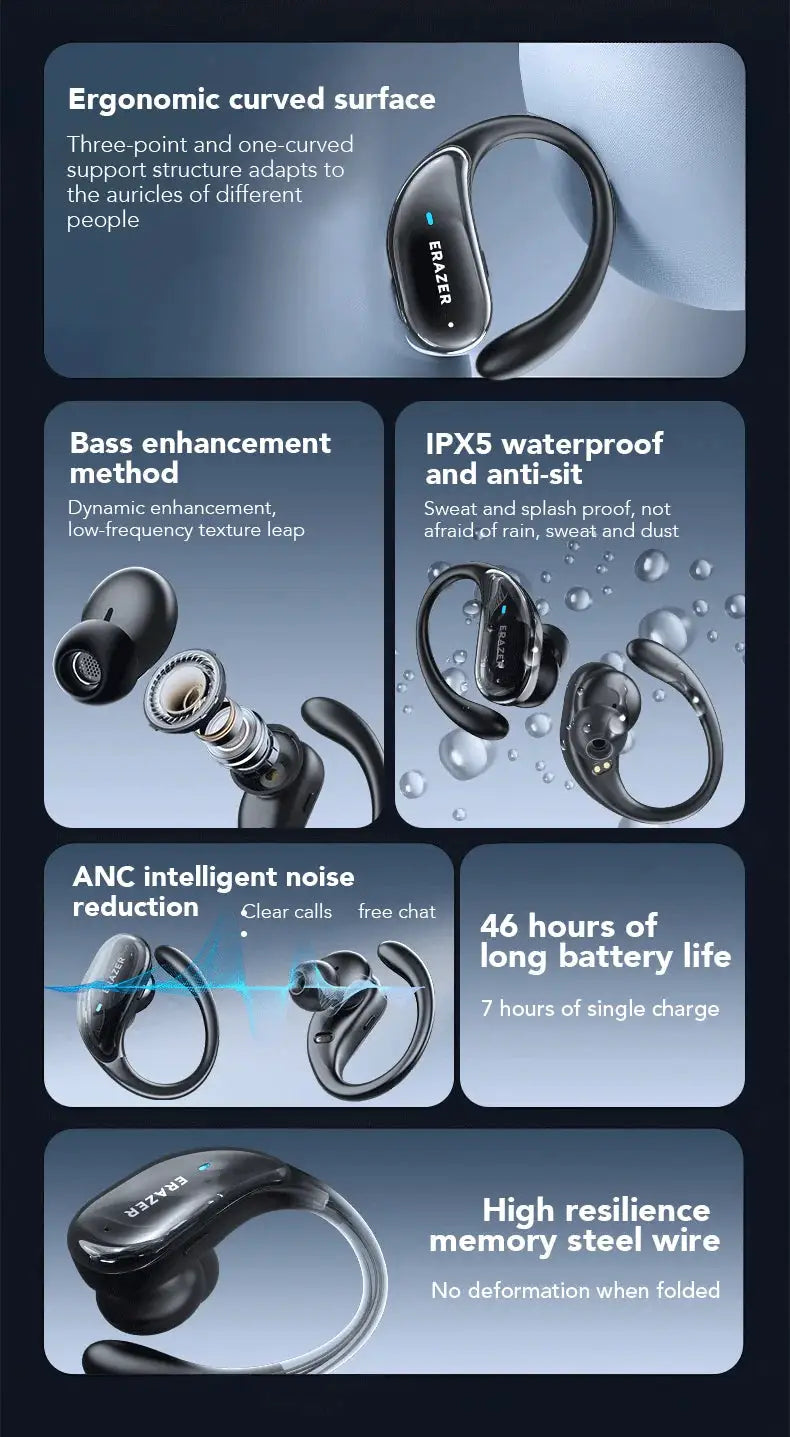 ERAZER XT80pro TWS AI Bluetooth earphones with neckband, black, ANC, Simples Market