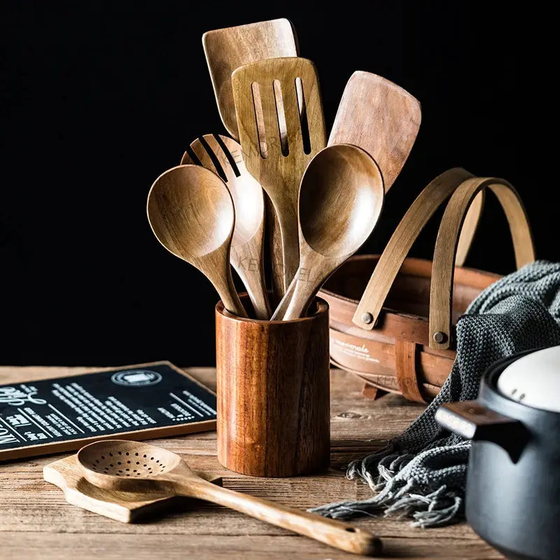 9 Piece Teak Wood Kitchen Utensils Set With Holder Eco Friendly Wooden Spoons And Tools For Cooking