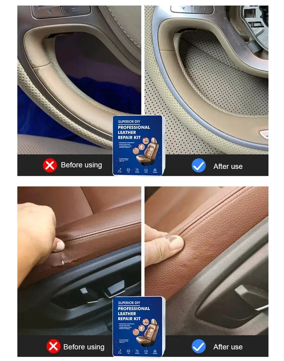 Simples Market Professional Liquid Leather Repair Kit; tan color, before and after restoration for car interiors.