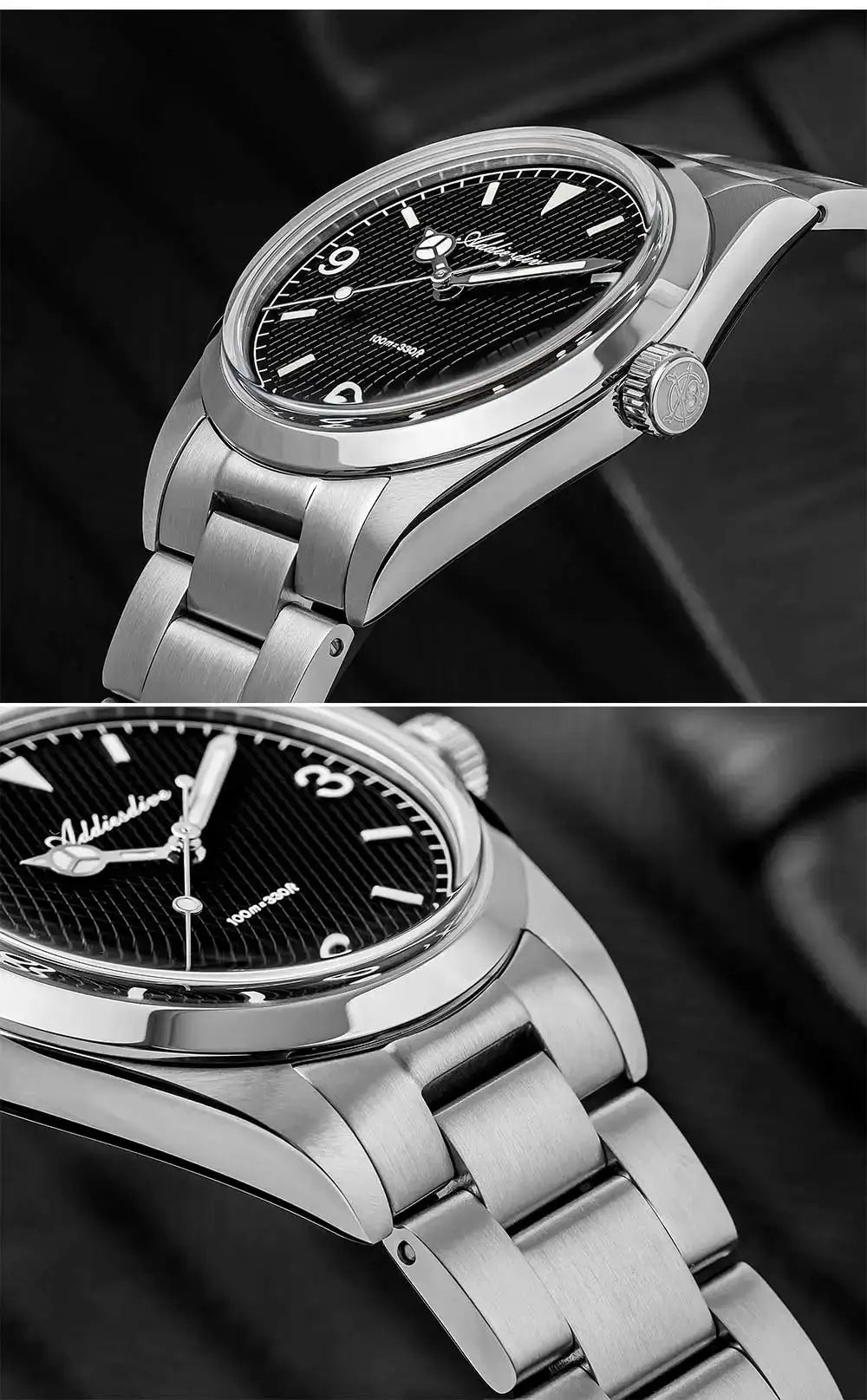 Addiesdive men's analog watch with stainless steel bracelet, black textured dial, luminous hands.