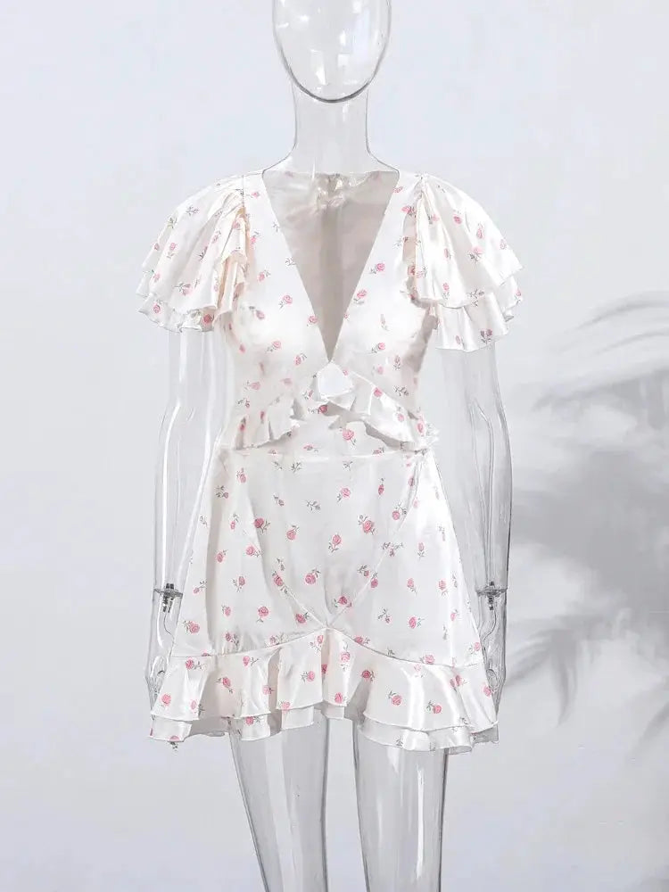 Women's 2026 Spring Summer Ruffled Floral Short Skirt Dress V Neck