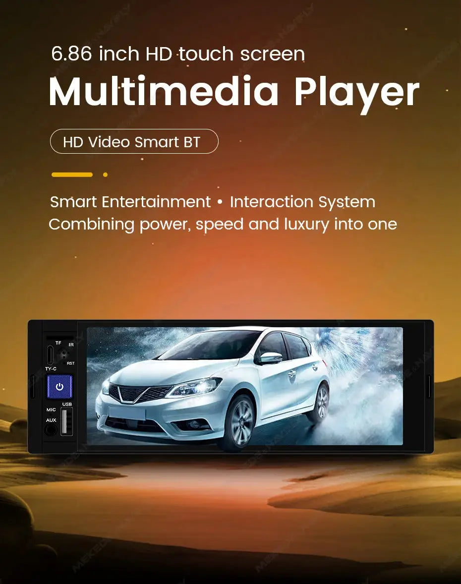 MEKEDE 6.86-inch 1Din car radio multimedia player with BT and USB-C, HD touch screen