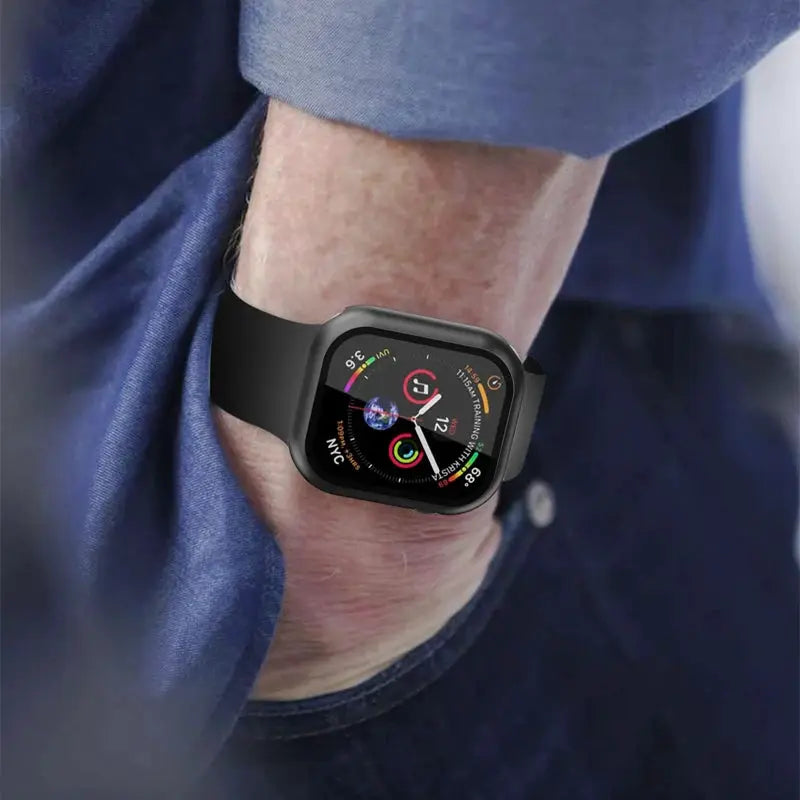 Simples Market Glass+Cover for Apple Watch, black strap, screen protector for 44–46mm models