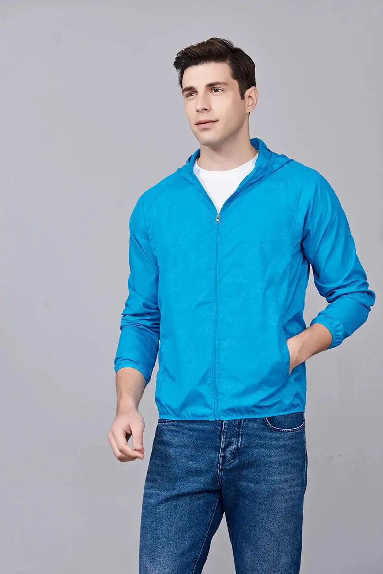 JNLN unisex hiking jacket in bright blue, waterproof windbreaker with zip front