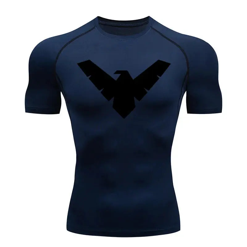 Men's navy short-sleeve compression shirt with black eagle logo, athletic-fit gym top for running workouts