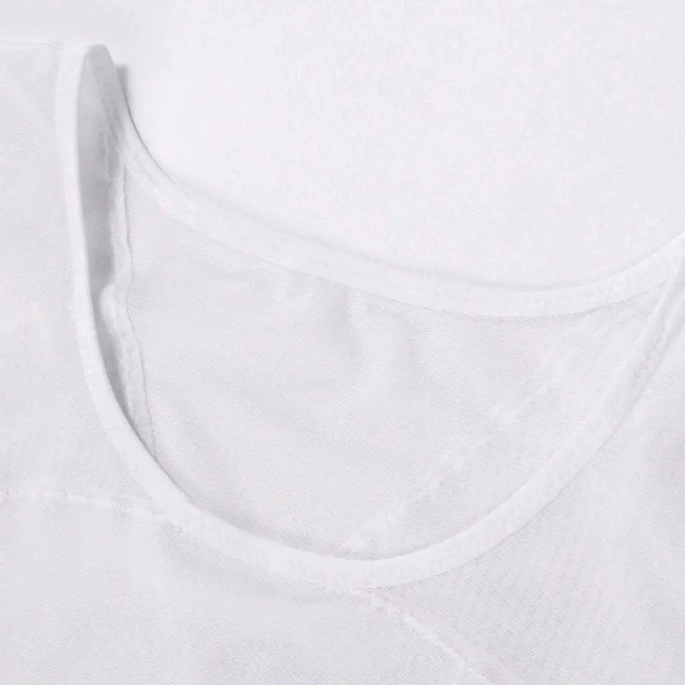 Men's white compression tank top with scoop-neck, close-up view.