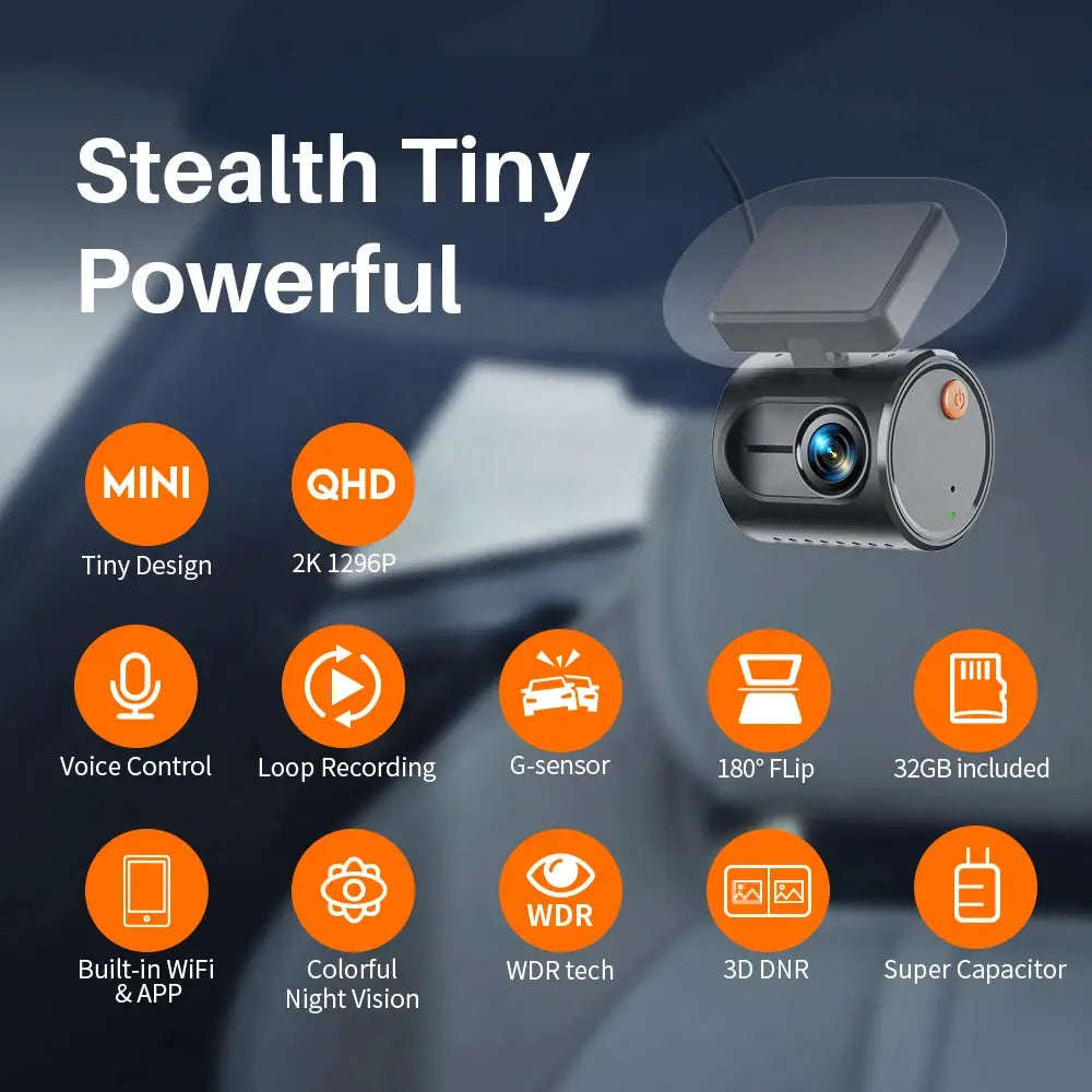 KAWA MINI 3 Gen2 dash cam by Simples Market, compact black car DVR with 2K QHD, WiFi and voice control.
