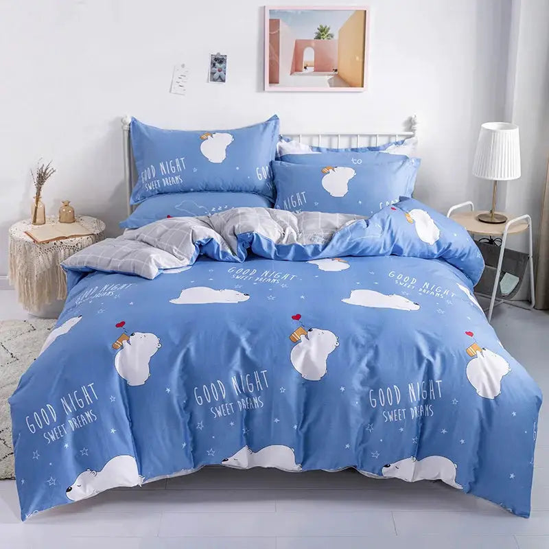 3-piece blue cotton duvet cover set with white bear prints and stars; includes 1 duvet cover and 2 pillowcases