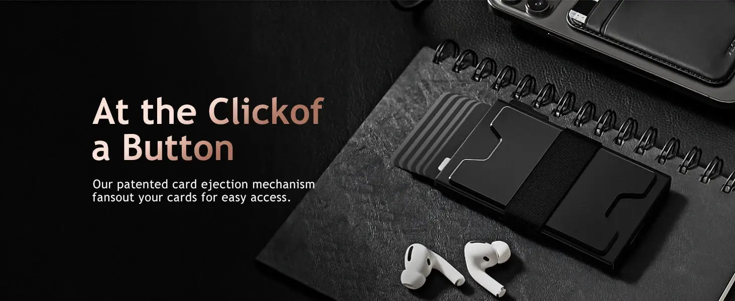 Slim card holder wallet for men by Simples Market, black metal RFID-blocking pop-up design with cash band.
