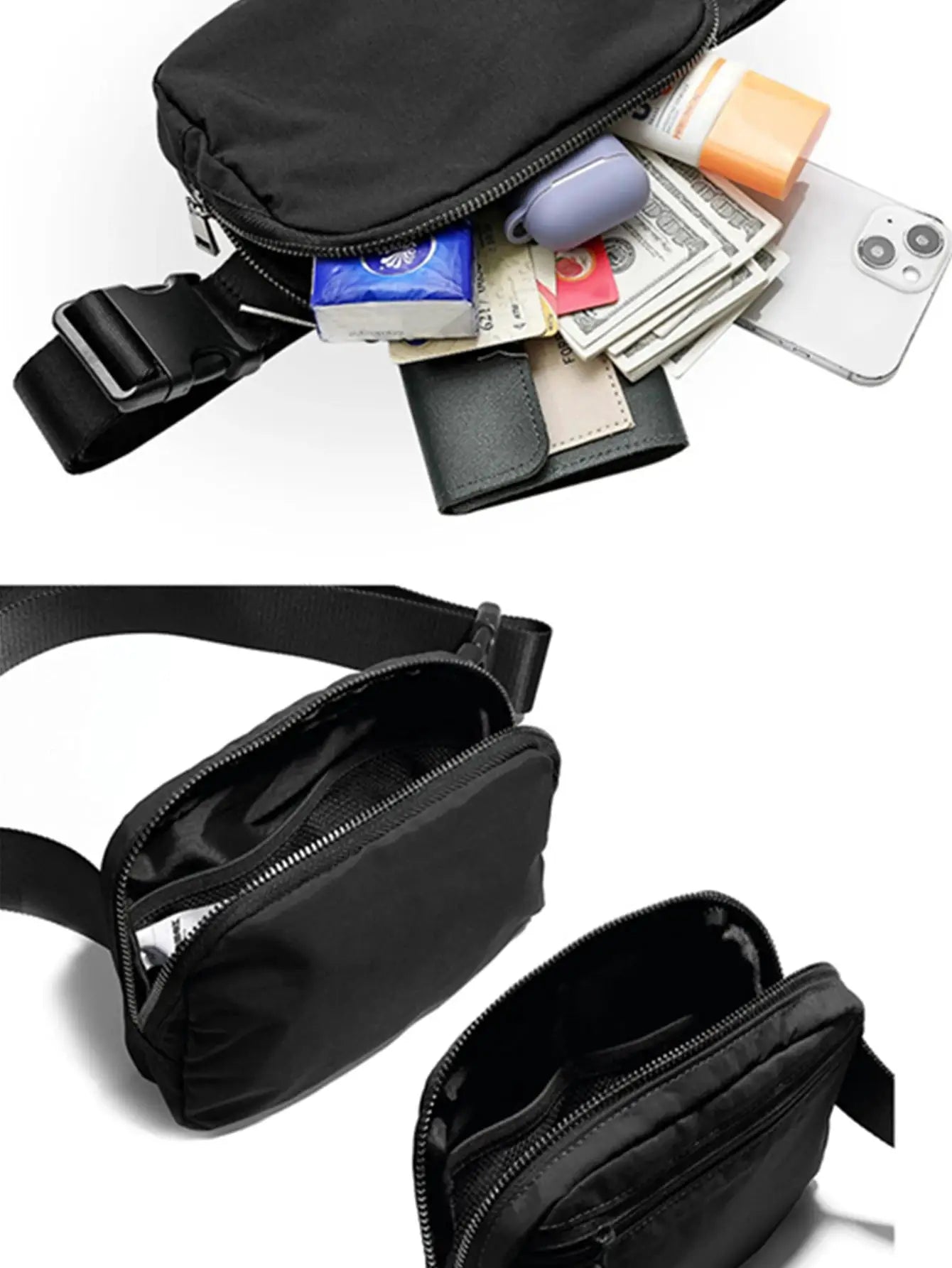 Simples Market black sport waist bag for running with multiple zipper compartments and adjustable belt