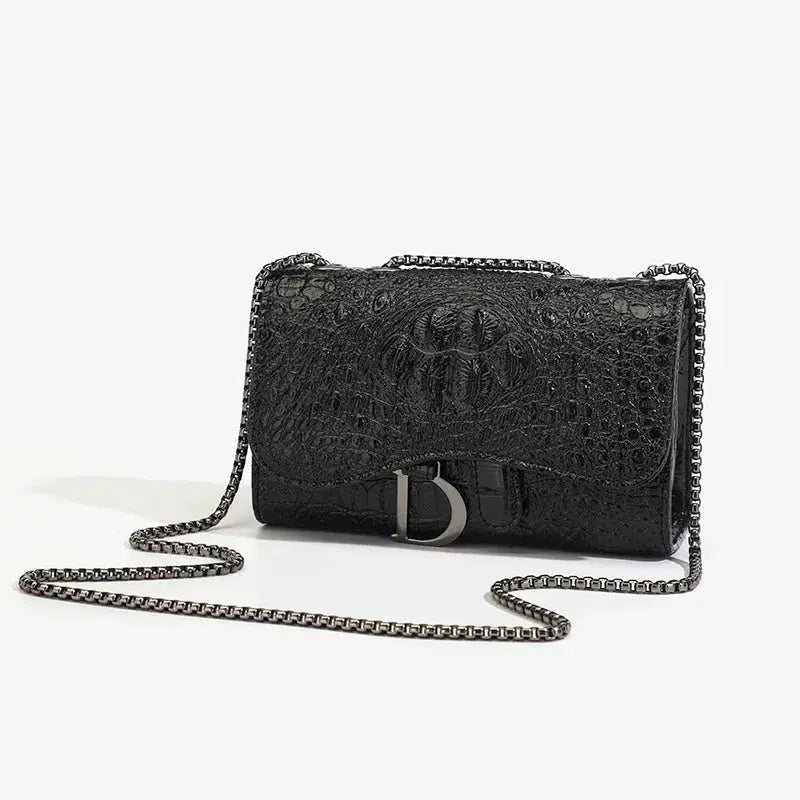 Simples Market women's luxury crossbody bag, black crocodile-embossed leather with metal chain strap