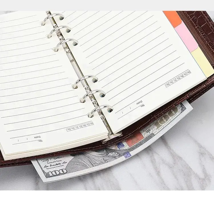 Yiwi Genuine Leather Pocket Planner by Simples Market; brown leather ring binder pocket notebook with bills