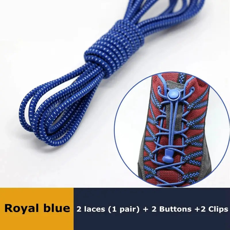 Royal blue elastic no-tie round sneaker shoelaces (1 pair) with 2 buttons and 2 clips