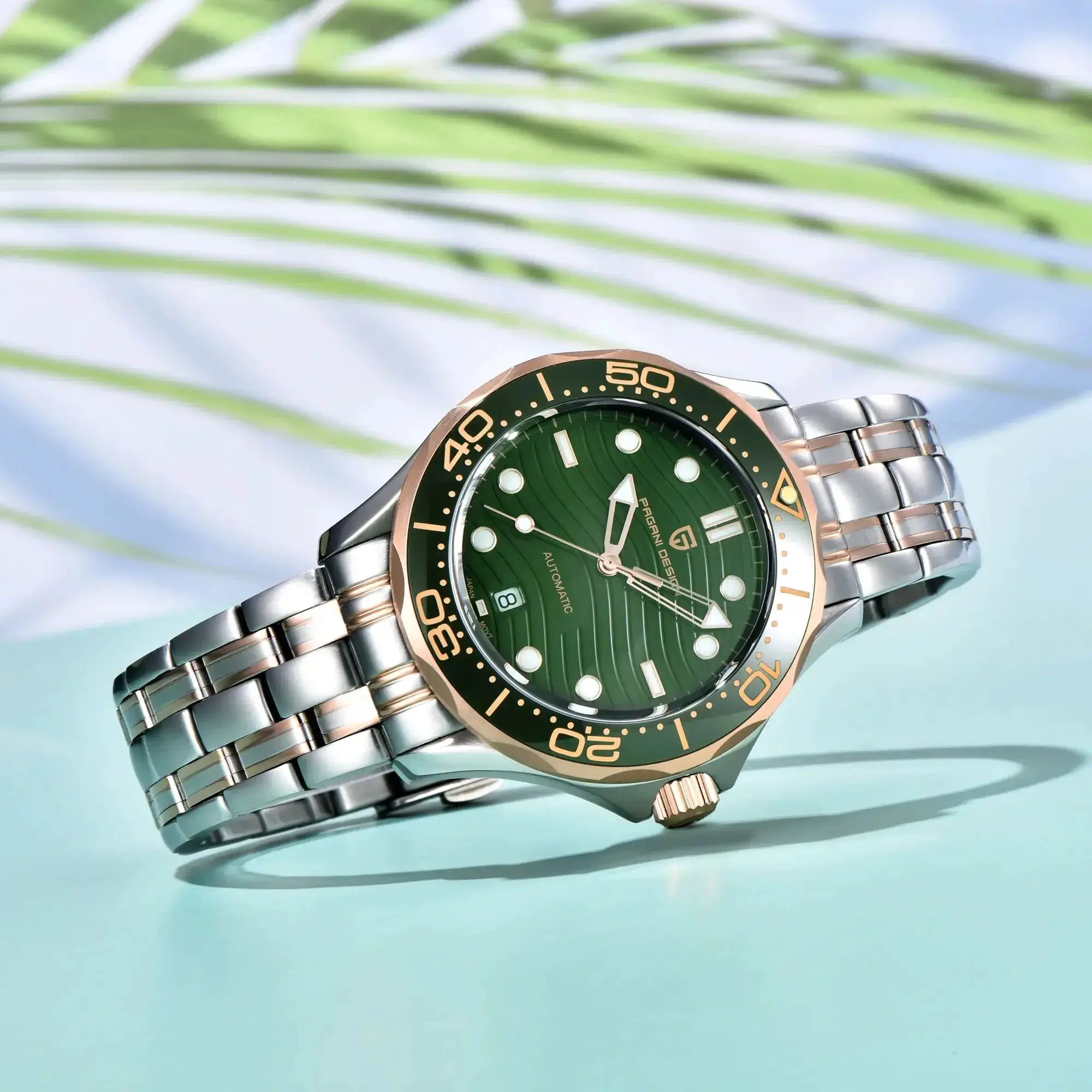 Pagani Design men's luxury automatic watch with green dial and two-tone stainless steel bracelet