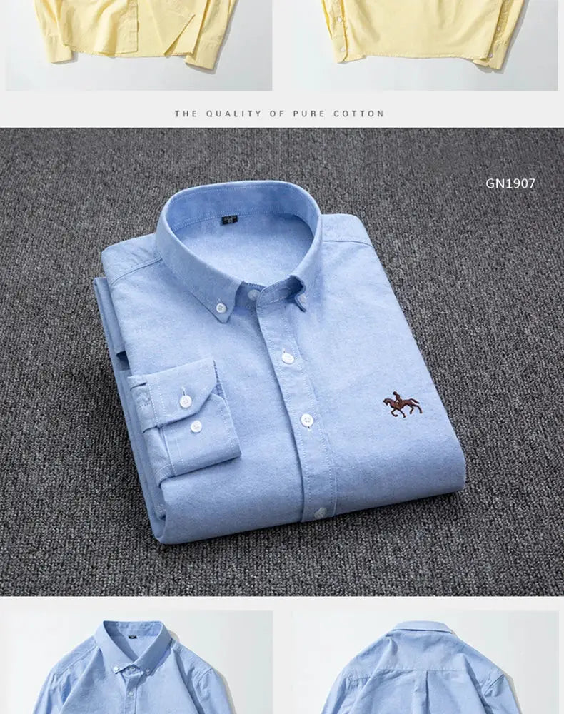 Casual pure cotton Oxford men's shirt, light blue, long sleeve with horse embroidery, regular fit, Simples Market