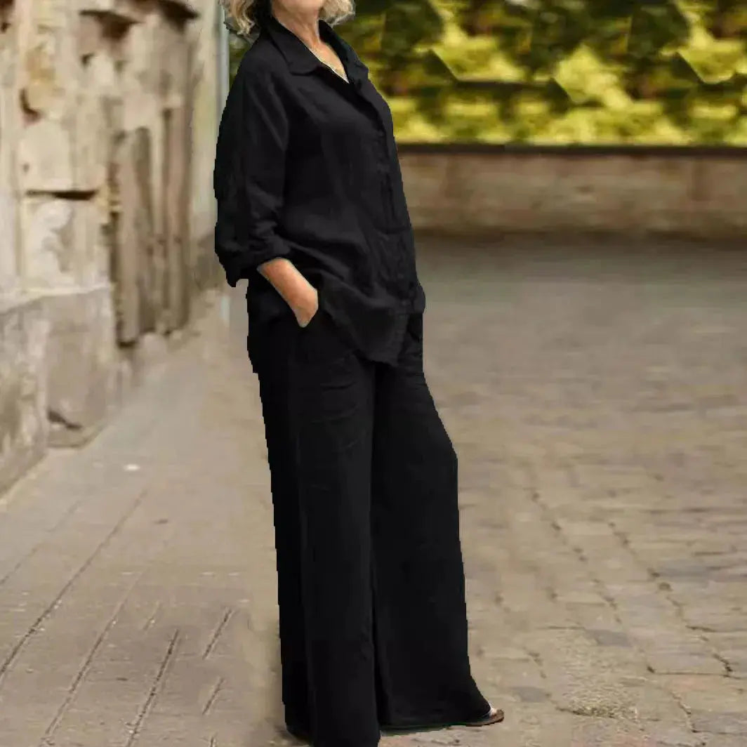 Cotton Linen Shirt Two Piece Set For Women With Wide Leg Trousers